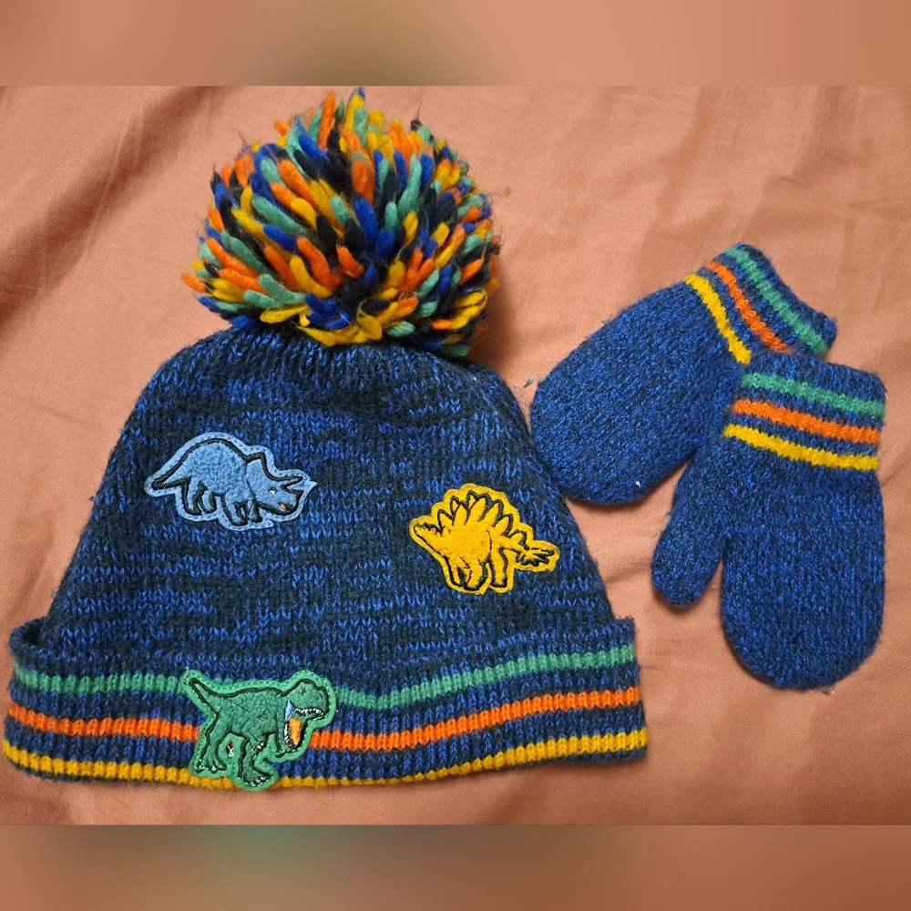 Children's Place Dinosaur Knit Hat and Mittens Set - Blue - size 2T-3T